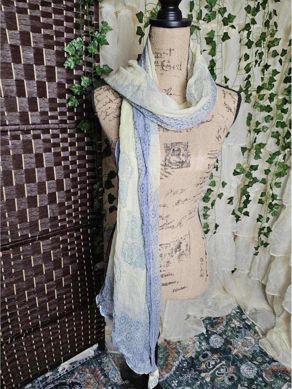 Pastel Blue Green Floral Scarf Lightweight Ruffle Edge Boho Fairy Spring Wrap